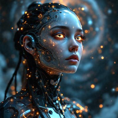 The primary subject of the image is a woman with a futuristic, cyberpunk appearance. She has a glowing, digital look, and her eyes are glowing with a blue light. The setting is a dark, futuristic environment, with a backdrop of a blue sky. The visual style is a combination of digital art and illustration, creating a unique and captivating image. The colors and mood of the image are predominantly dark and mysterious, with the glowing blue eyes adding